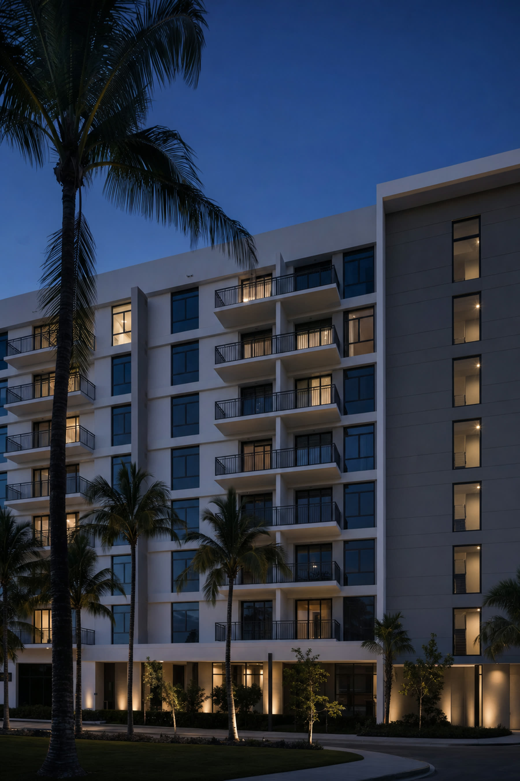 Multifamily apartment building in South Florida at twilight